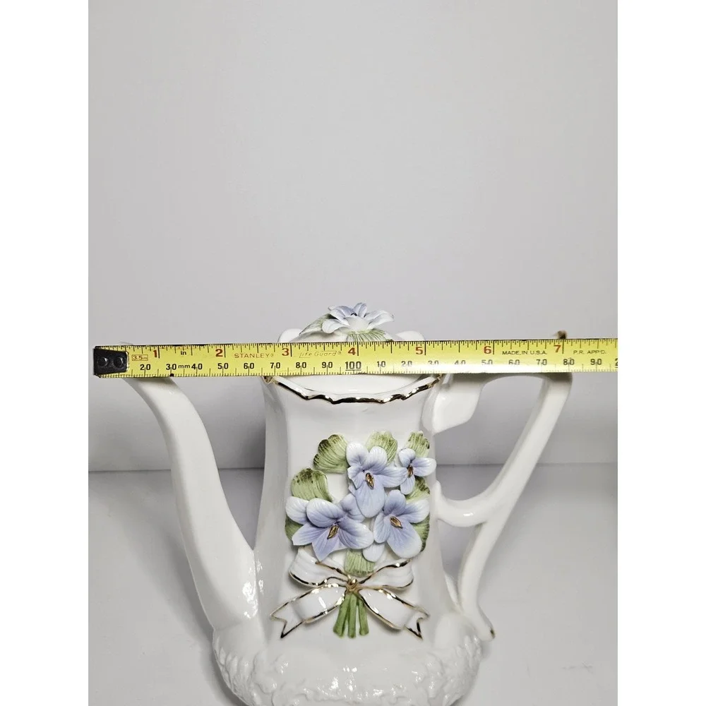 Porcelain Teapot 3D Applied Purple Violet Flowers White Gold Trim Footed Vintage